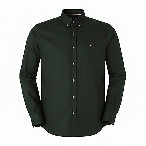 Camisa Tommy Hilfiger Masculina Manga Longa Sarja Verde escuro