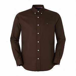 Camisa Tommy Hilfiger Masculina Manga Longa Sarja Café