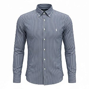 Camisa RL Masculina Custom fit Linho Listrada Cinza Mescla