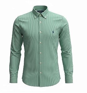 Camisa RL Masculina Custom fit Linho Listrada Verde mescla