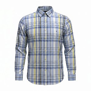 Camisa Tommy Hilfiger Masculina Oxford Xadrez Azul e Amarelo