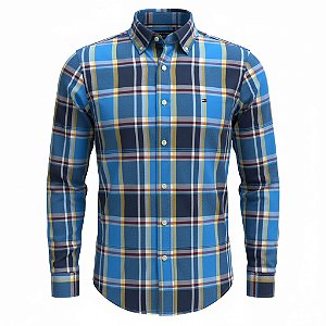 Camisa Tommy Hilfiger Masculina Oxford Xadrez Azul e vermelho