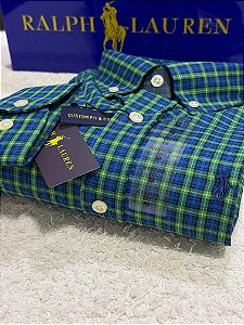Camisa RL Masculina Custom Fit Xadrez Azul e verde