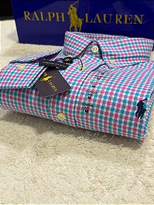 Camisa RL Masculina Custom Fit Xadrez Azul e rosa