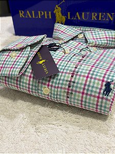 Camisa RL Masculina Custom Fit Xadrez Verde e rosa