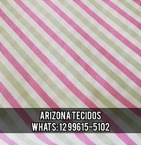 Tecidos Caldeira - Tricoline Estampada Listrada Diagonal Cor 07 (Rosa Com Verde e Branco) - 180656