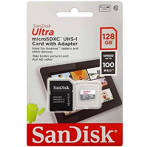 Cartão de Memória Sandisk 128 GB Micro SDXC Ultra Classe 10 com Adaptador - SDSQUNR-128G-GN6TA