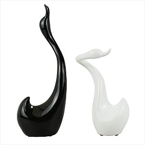 Enfeite Cerâmica Cisnes Preto Branco Entrelaçados 22.5cm