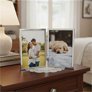 Porta Retrato Duplo para 2 Fotos 10X15 CM INOX