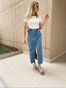Saia Jeans Midi com fenda