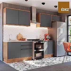 COZINHA COMPLETA MODULAR - ÉDEZ UNE - 8 PORTAS, 3 GAVETAS - TAMPO GRAFITE - 100% MDF