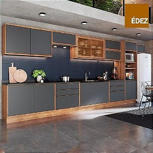 COZINHA COMPLETA MODULAR - ÉDEZ UNE - 15 PORTAS, 6 GAVETAS - TAMPO GRAFITE - 100% MDF