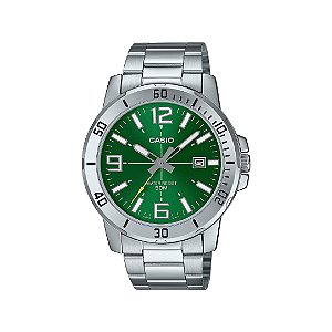 Relógio Casio Masculino Fundo Verde Pulseira de Aço MTP-VD01D-3BVUDF-SC