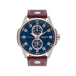 Relógio Orient Masculino fundo Azul Pulseira De Couro Marrom MTSCM004D1MB