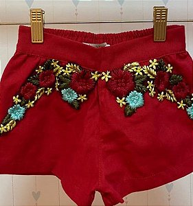 Short em linho com bordado - vermelho