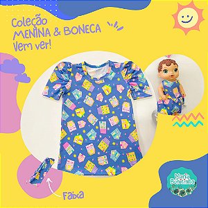 Vestido Cidade das bonecas - Azul de casinhas -  Menina & Boneca