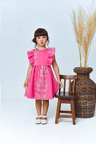 Vestido Analu em linho bordado -rosa chiclete ou branco