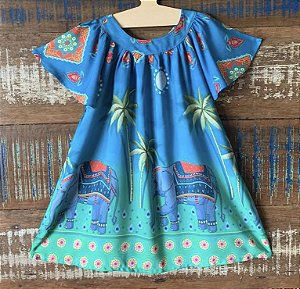 Vestido Coleção -Índia - elefante azul claro