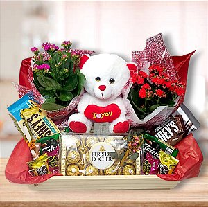 Cesta Amor Reluzente Flores e Urso  cod C 023