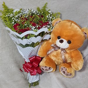 Buque De 12 Rosas Vermelhas + Urso 30cm - Cod 5008
