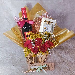 Balde Rosas com vinho e Ferrero  Cod 159