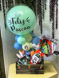 Caixote de Páscoa Kinder com coelho e balão personalizado