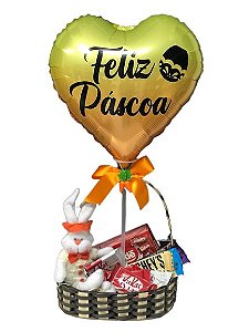Cesta Páscoa com Coelho, Chocolates e Balão Personalizado
