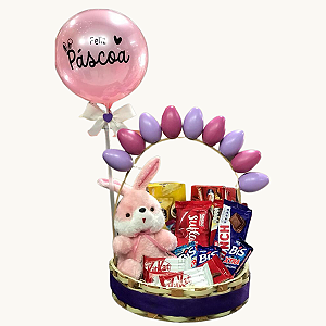 Cesta Páscoa com Coelho, Chocolates e Balão Personalizado