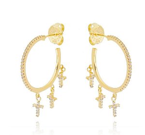 Brinco de Argola com Três/ 3 Cruz Cravejadas em Zircônia Penduradas - Semijoia Argolinha18k