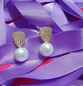 Brinco Perola Cravejado em Micro Zircônia - Banhado a Ouro 18K - Semijoia