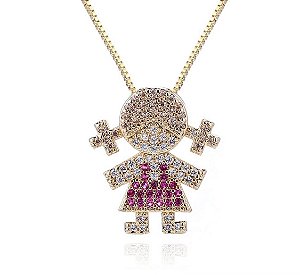 Colar  Filha Menina Vestido Rosa - Semijoia Banhada a Ouro 18k