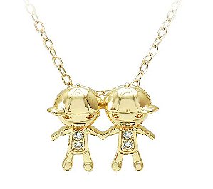 Colar Dois Filhos / Dois Meninos /  Cravejado. Pingente- Semijoia Banhada a Ouro 18k