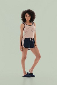 Pijama/ Shortdoll/ Regata Nude  em Algodão com Estrelas