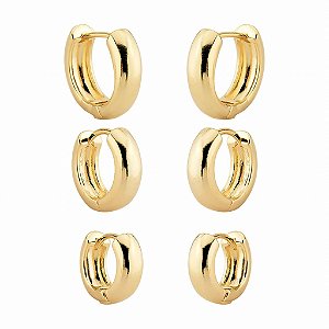 Brinco Kit Trio de Brincos de Argolinhas Lisas Grossas- Semijoia Banhada a Ouro 18K