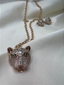 Conjunto Pantera Negra Luxo Preta ou Cristal Todo Cravejado- Semijoia Banhada Ouro 18K
