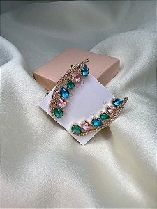 Brinco Ear Cuff Cravejado em Zirconias Cristais e Zirconias Coloridas Colorido - Semijoia Banhada Ouro 18 K