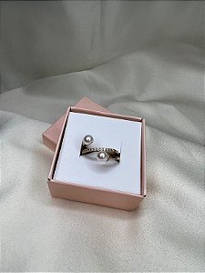 Anel Pérolas Ajustável Cravejado - Semijoia Banhada Ouro 18 K