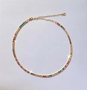 Colar Chocker Riviera de Zirconias Coloridas Candy 3mm - Semijoia Banhada a Ouro 18k