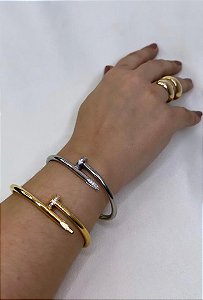Bracelete Prego Inspiração Cartier Cravejado Banho Dourado Ouro 18K e Banho Rodium Negro- Semijoia