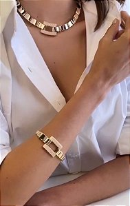 Conjunto De Colar/ Gargantilha + Pulseira Liso com Detalhe Cravejado - Semijoia de Luxo Banhada a Ouro 18 K