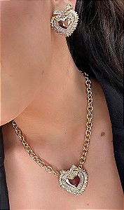 Conjunto Inspiração Coração e Laço Com detalhes em Cravejação - BRINCO + COLAR - Banhada a Ouro 18K - Semijoia