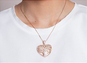 Colar Arvore Da Vida Cravejado em Zircônias Cristal Formato de Coração - Banhado a ouro 18K - Semijoias