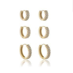 Brinco Kit Trio de Argolinhas  Linha Cravejado em Zircônia e Linha Lisa-  Semijoia de luxo Banho 18K