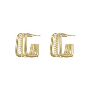 Brinco Argola Quadrado Três Tubos Um Cravejado - Semijoia Banhado a Ouro 18K