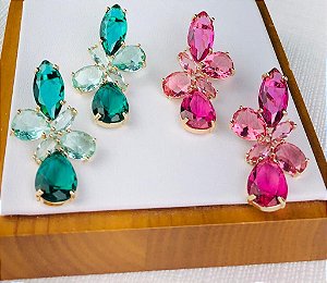 Brinco de Pedras em Gotas Verde/ Rosa Luxo Festa- Semijoia Banho Ouro 18K