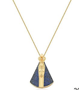 Colar Nossa Senhora Cravejada  Microzirconias Azuis Banhada a Ouro 18K