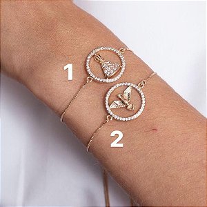 Pulseira Nossa Senhora/ Espírito Santo Cravejada Fecho Gravata Semijoia- Banhada Ouro 18K