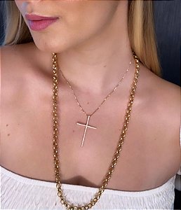 Colar Cruz Palito Fina Cravejada em Zircônias Cristal - Banhado a ouro 18K - Semijoias