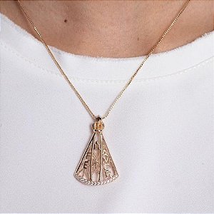 Colar Nossa Senhora Vazado e Cravejado Semijoia -  Banhada a Ouro 18K