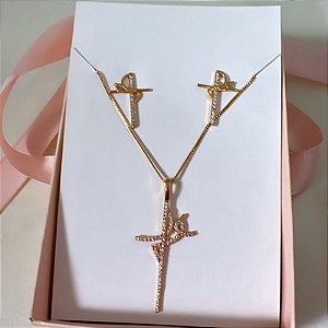 Conjunto Fé Cravejado-BRINCO + COLAR - Banhada a Ouro 18K - Semijoia